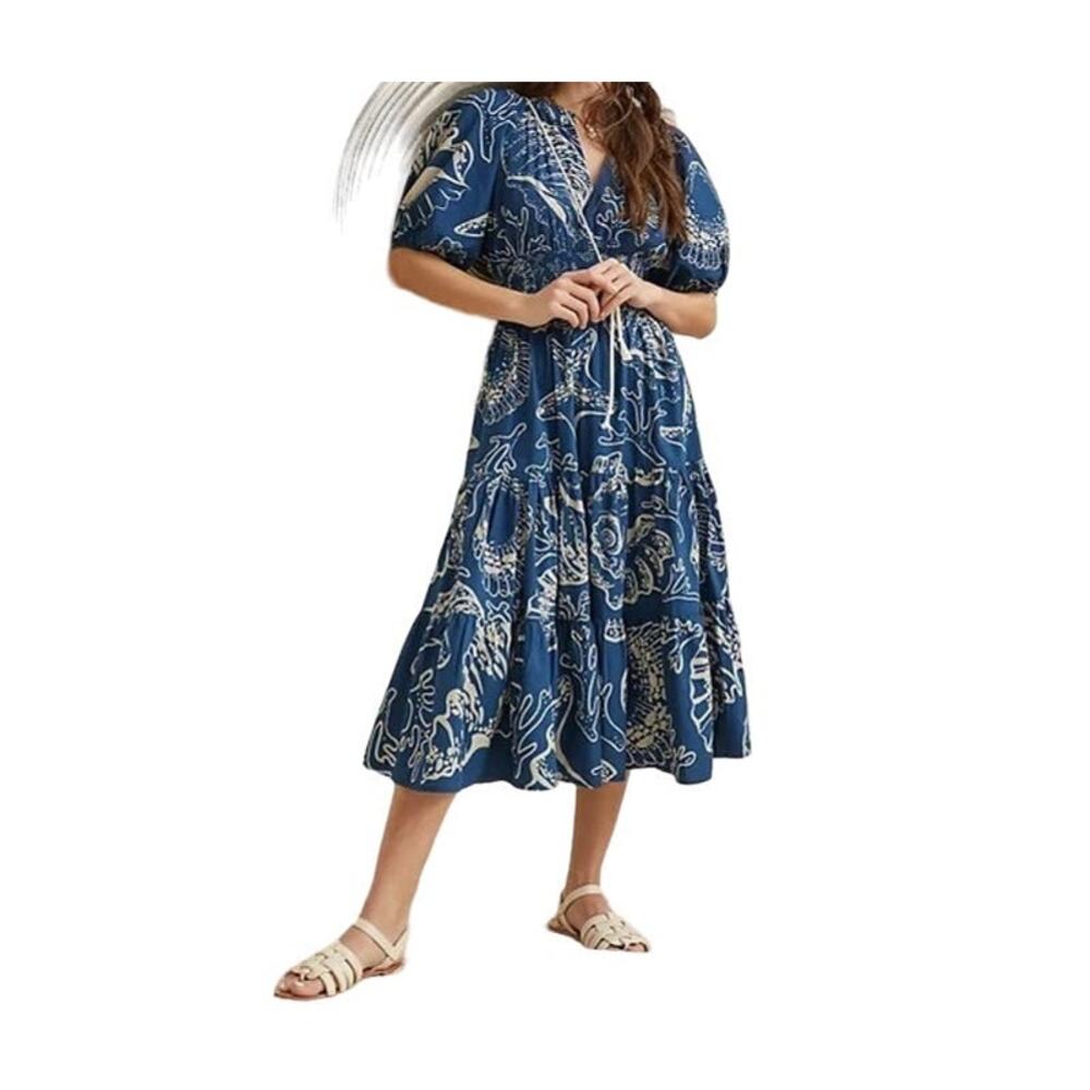 Conditions Apply Anthropologie Blue Floral Puff Sleeve Midi Dress Size 26W NEW
